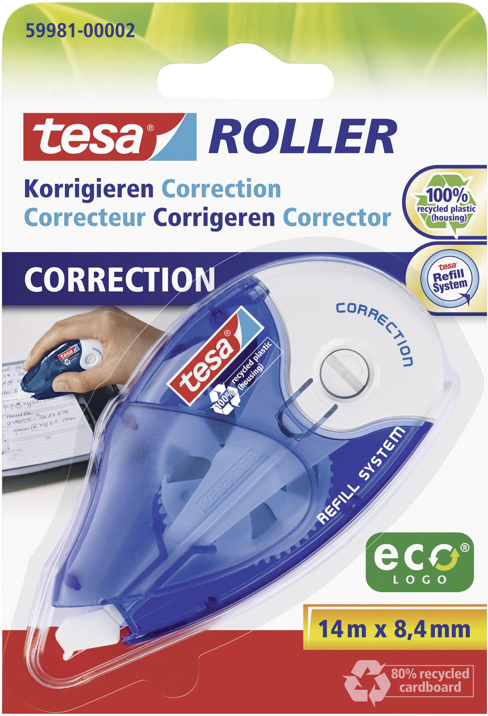 Tesa Correction Roller with Eco-Friendly Refill System. Contains 80% recycled materials. 14m x 8.4mm tape length.