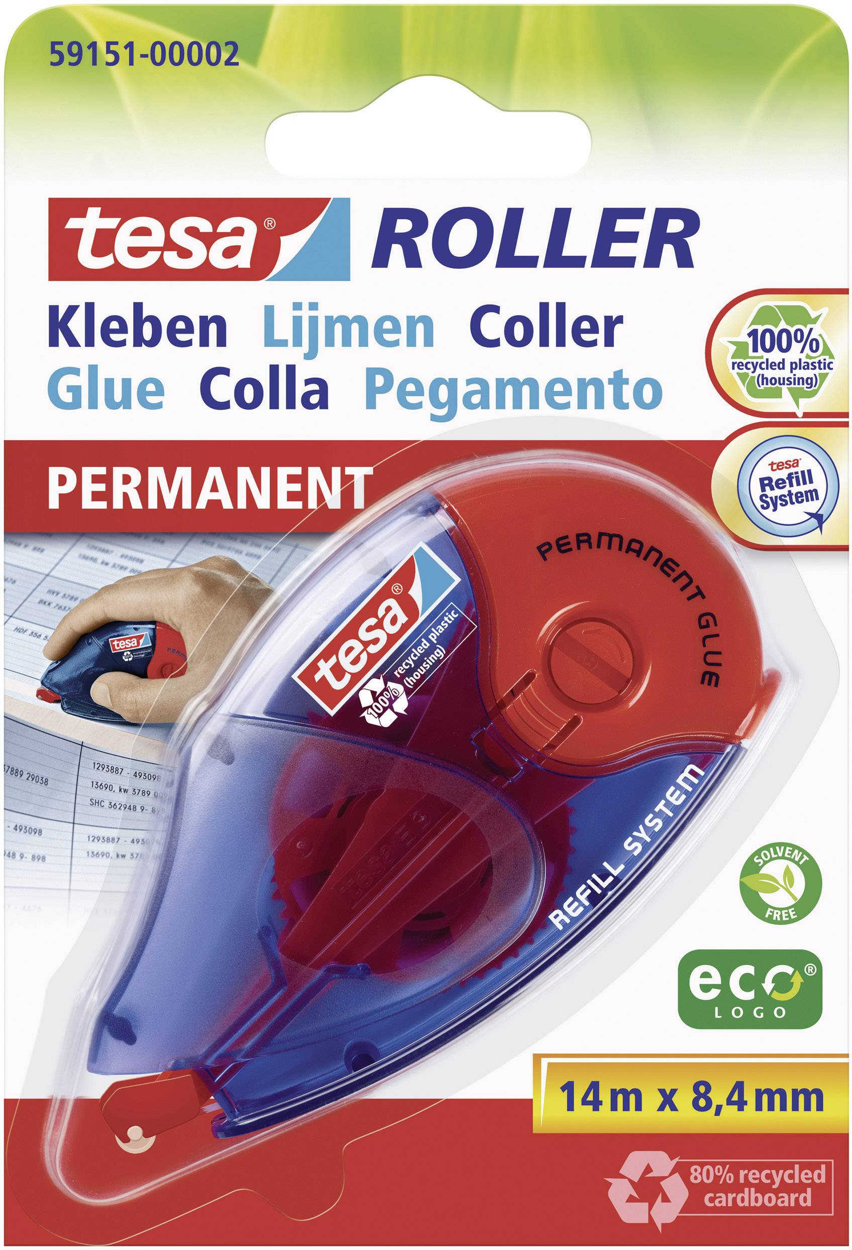 Packaging for a Tesa adhesive roller, refillable, permanent adhesive, length 14 m, uses 80% recycled materials.