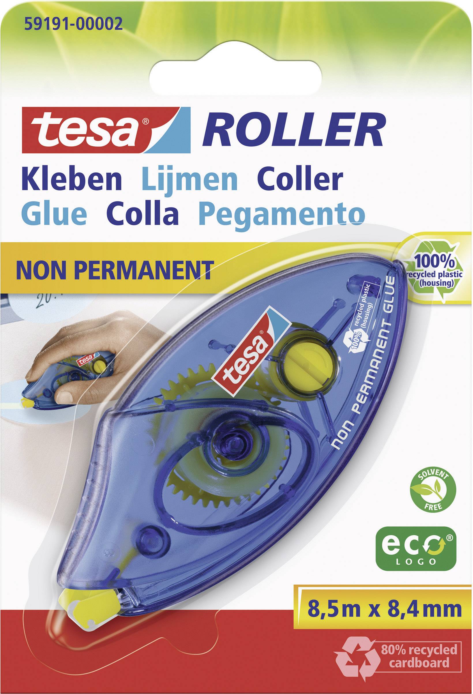 A Tesa roller for non-permanent adhesive, blue casing, 8.5 m x 8.4 mm, made from 100% recycled plastic. Packaging made from 80% recycled cardboard.