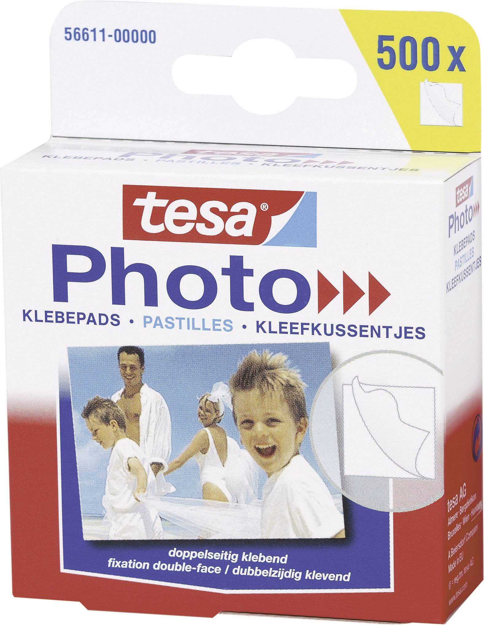 Pack of 500 tesa Photo Adhesive Pads. Front shows children on the beach. Pads are double-sided adhesive.