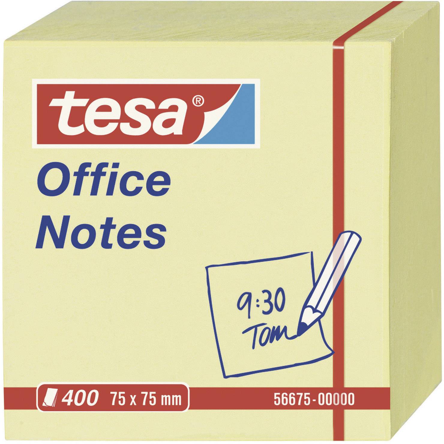 Packaging for a sticky note brand 'tesa'. Label shows an icon of a note with the time '9:30 Tom'. Size: 75 x 75 mm, 400 sheets.