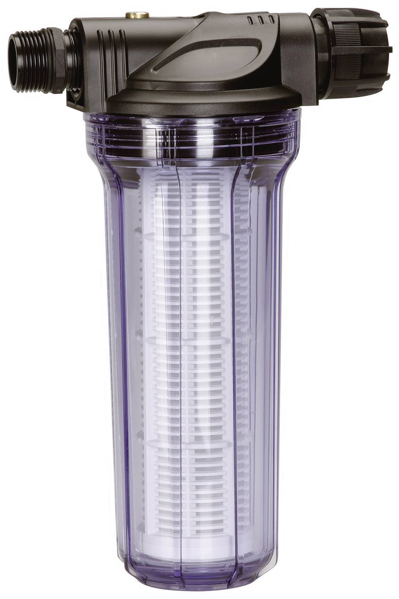 Water filter with a transparent housing and black connection, used for water purification in domestic or commercial installations.