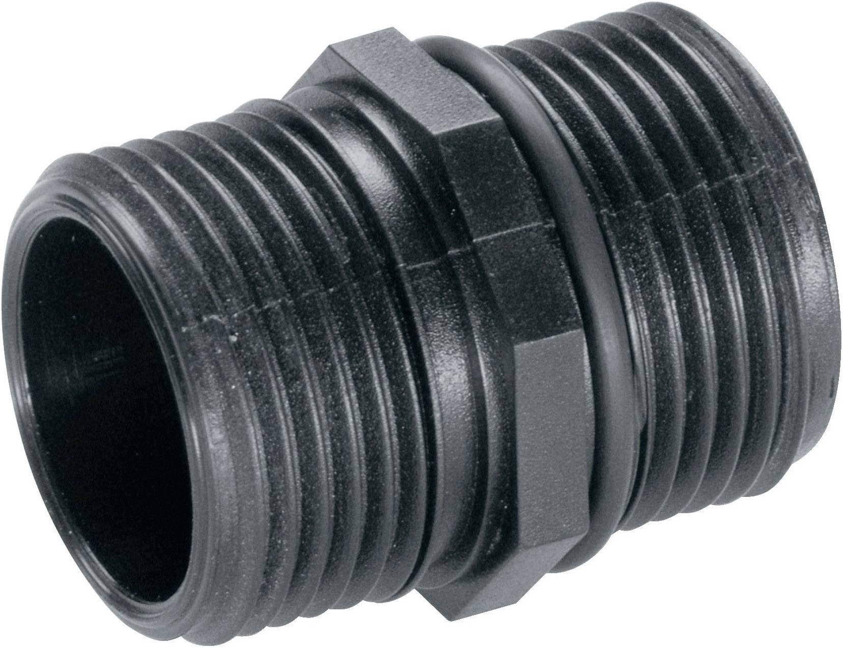 Black plastic double nipple with two external threads and a hexagonal nut in the middle.