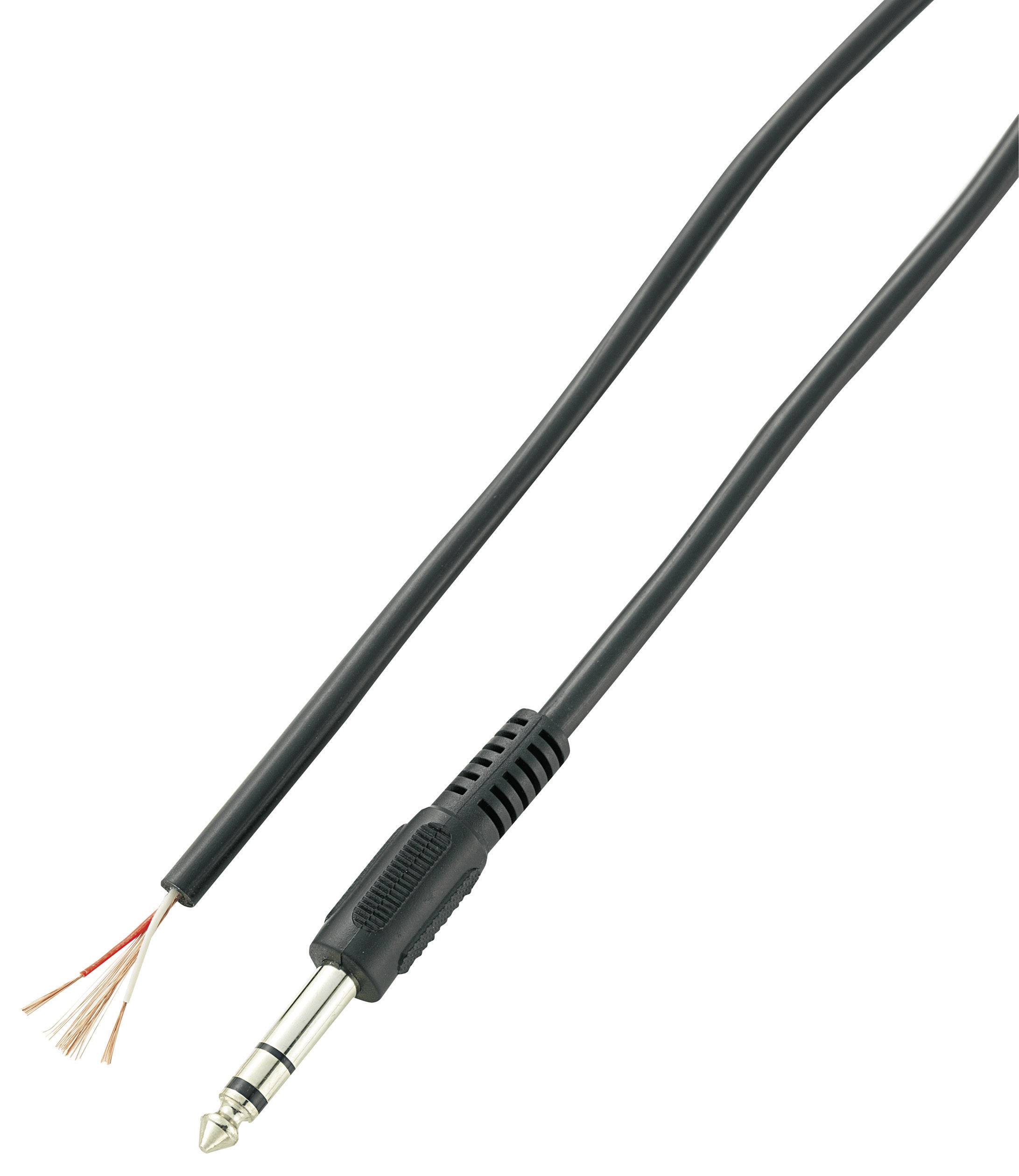 A black audio cable with a 3.5mm stereo jack plug on one side and bare wire ends on the other side.