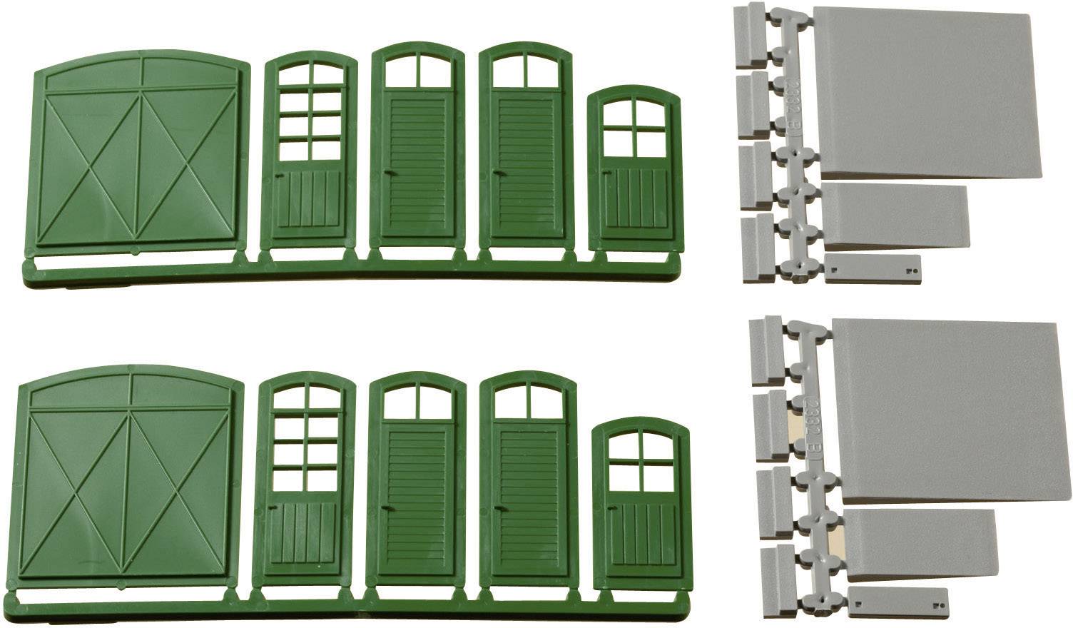 Green model building gates and windows along with grey wall elements in two sets, suitable for installation in miniature construction projects.