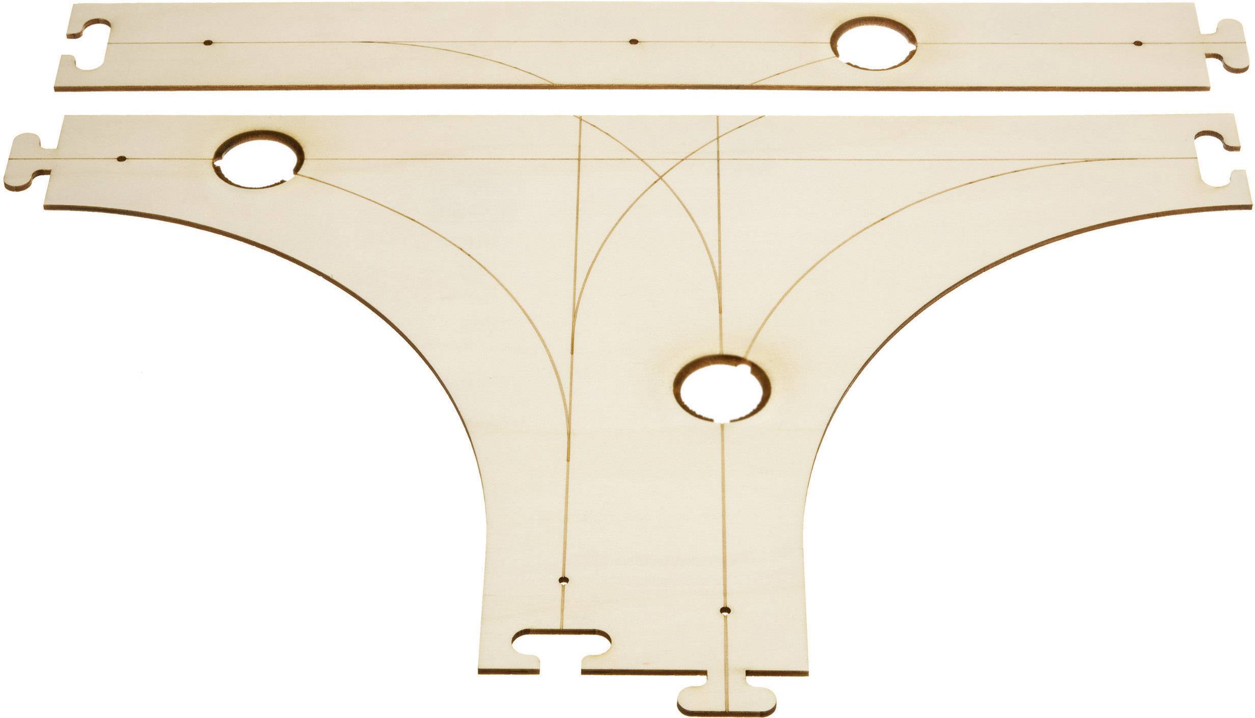 Wooden components for a train model layout, comprising two long, straight pieces with circular openings and a curved connecting element.
