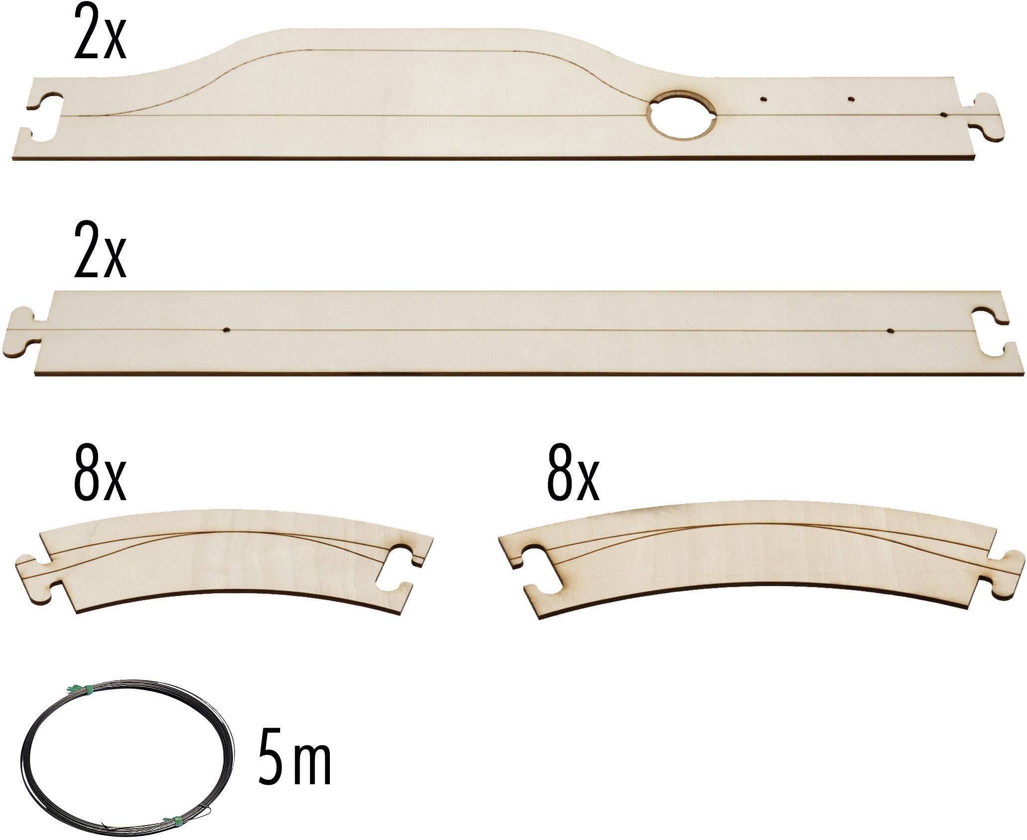 Wooden construction kit with four differently shaped parts: two long beams, one curved piece, an illuminated wooden board, cables and 5m in length.