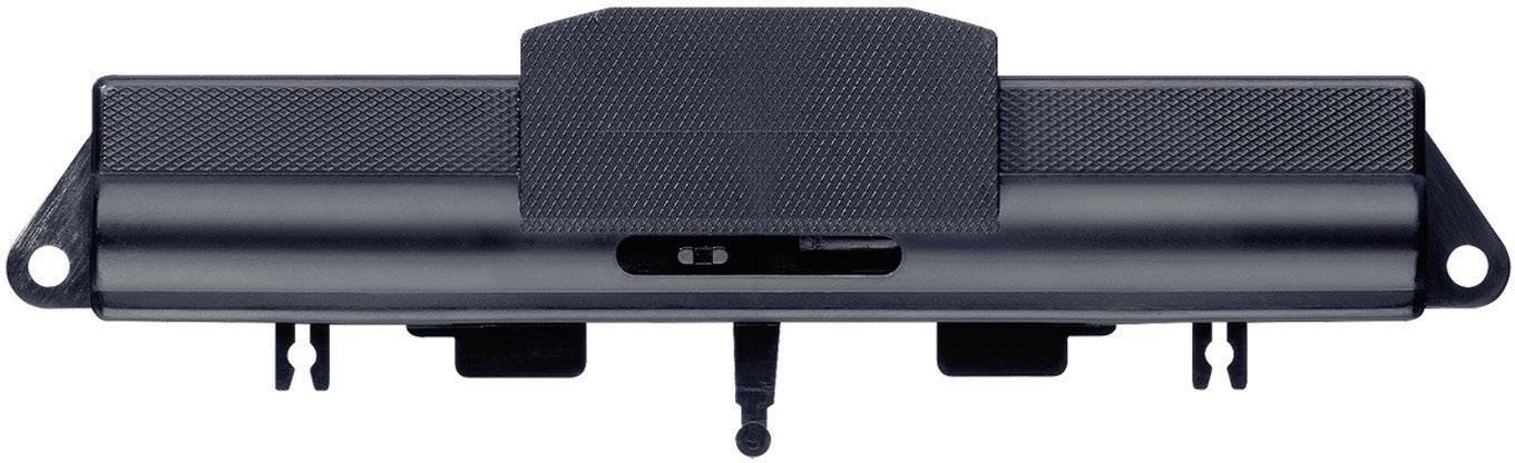 Black lithium-ion laptop battery with two mounting slots and a sliding switch on the top surface, front view.