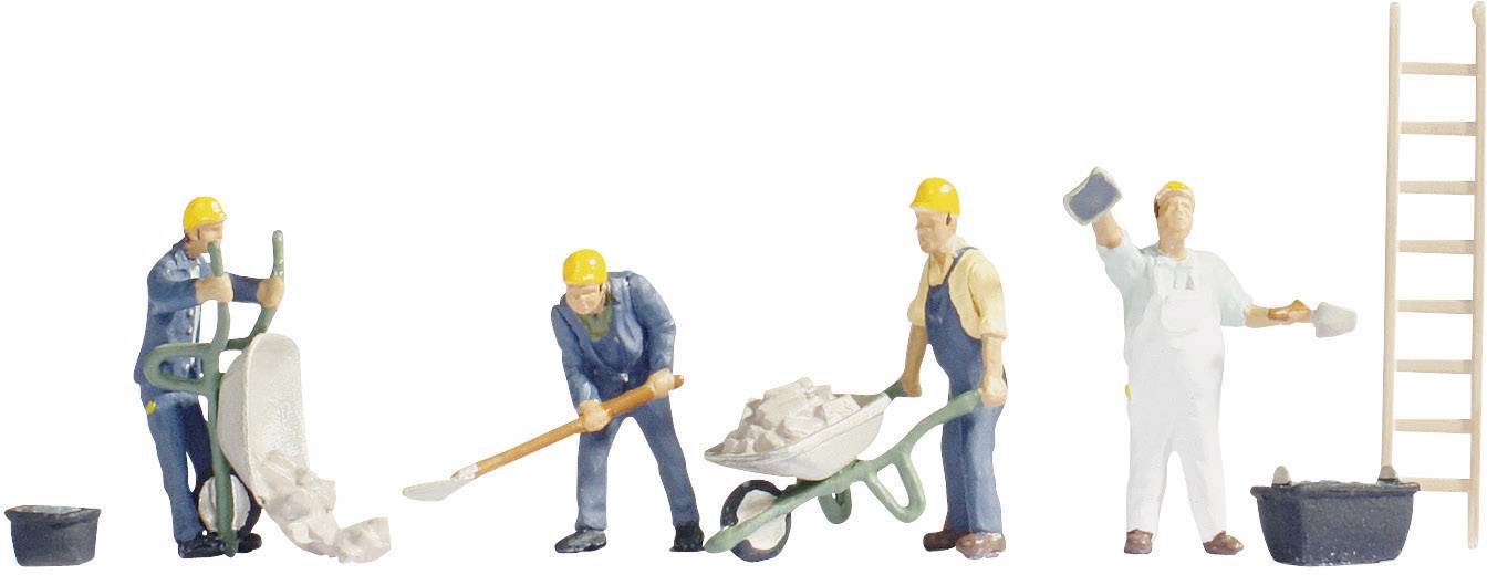 Four miniature figures in work attire moving building blocks with wheelbarrows and shovels. A ladder stands beside them on the right.