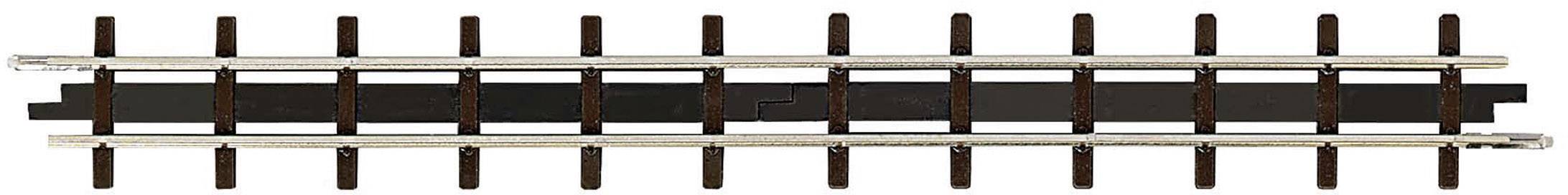 A short section of railway track with brown sleepers and silver metal rails, used in model making.