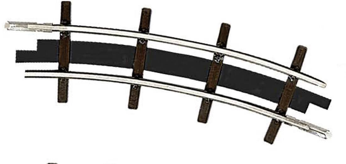 Toy railway track with a gentle curve, comprising a silver metal rail and brown sleepers on a black base.