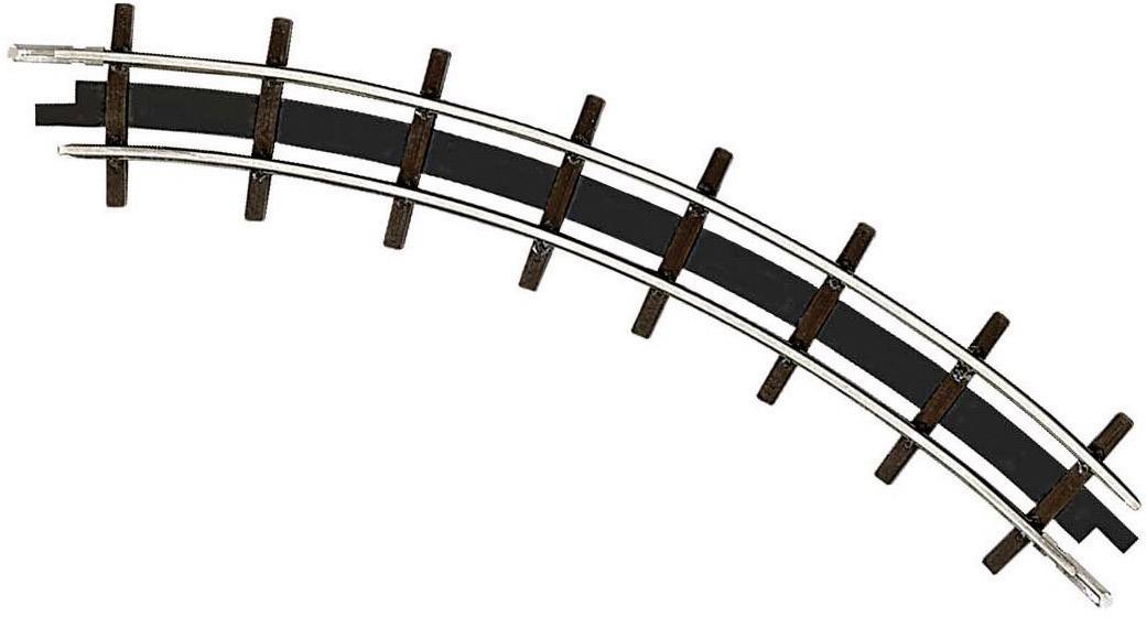 Curved section of a toy train track on a light background, showing wooden sleepers and metallic rails.