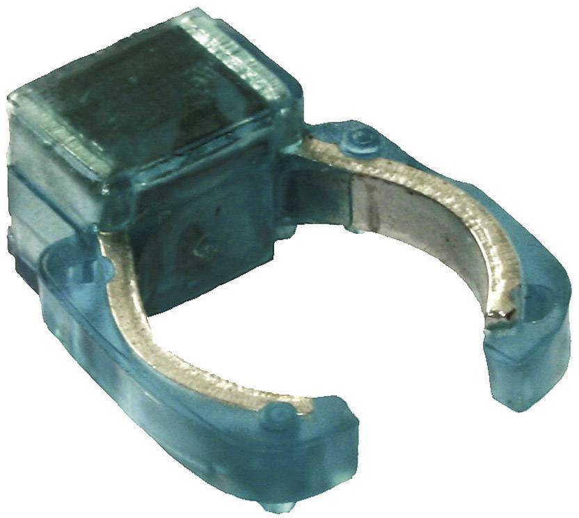 A transparent, blue plastic cable clip for holding cables in position, with a semi-circular opening for attachment.