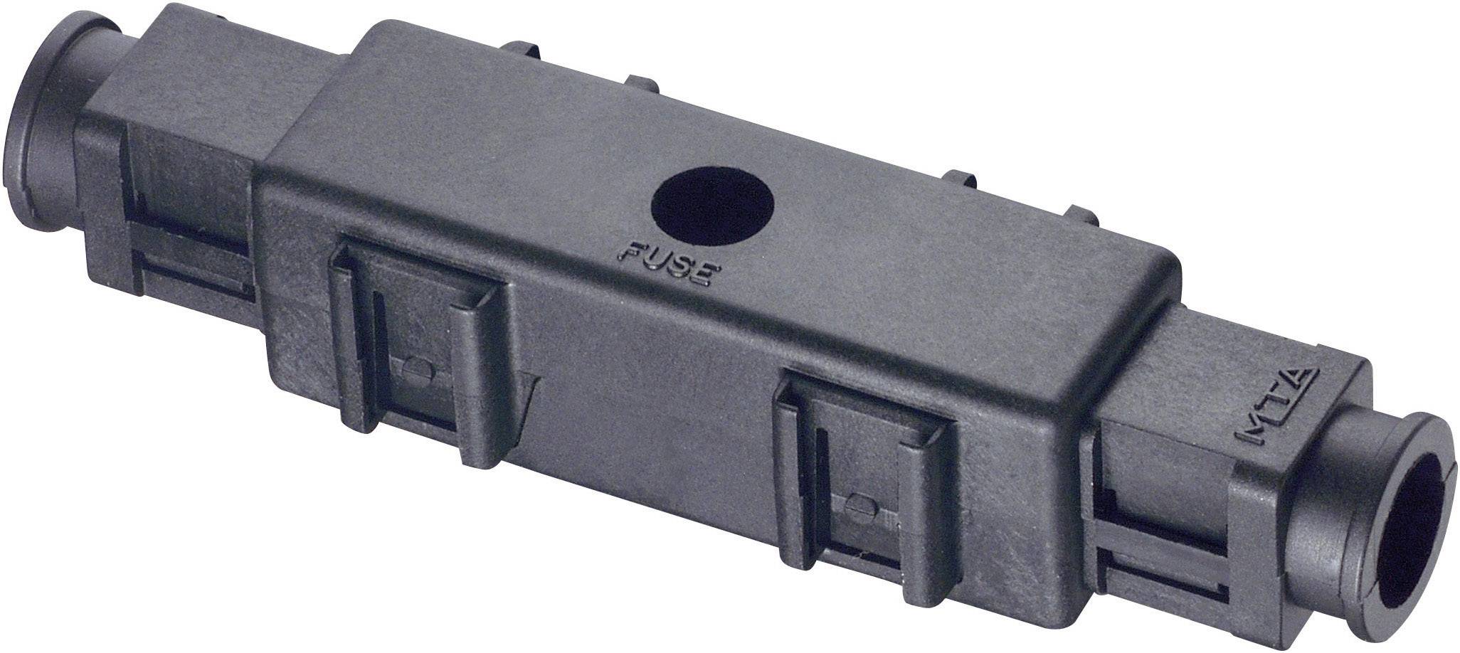 Black plastic electrical fuse holder in a rectangular shape.