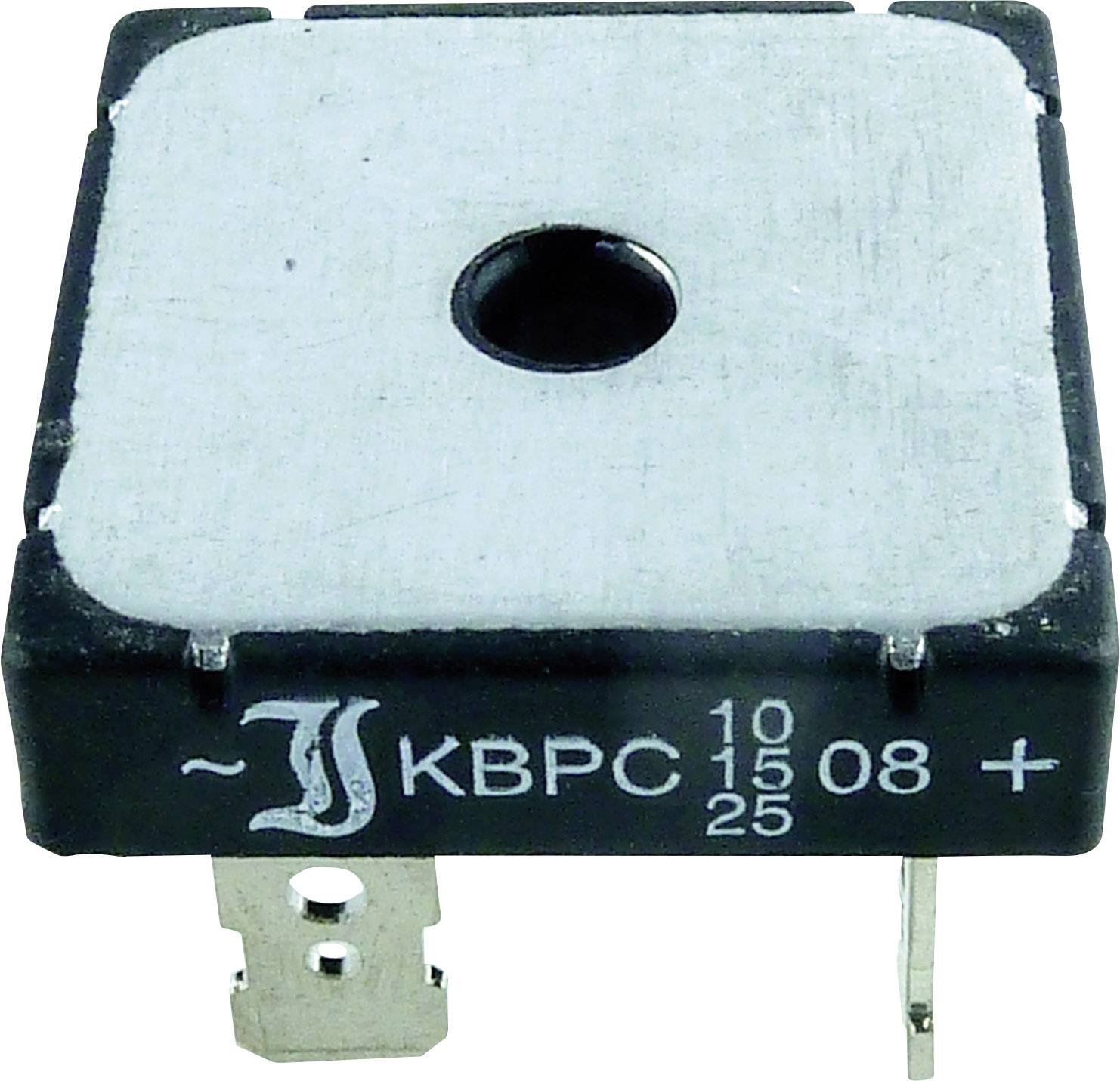 A bridge rectifier with the inscription 'KBPC 1015 08 25', identifiable by its four connection legs and aluminium housing.