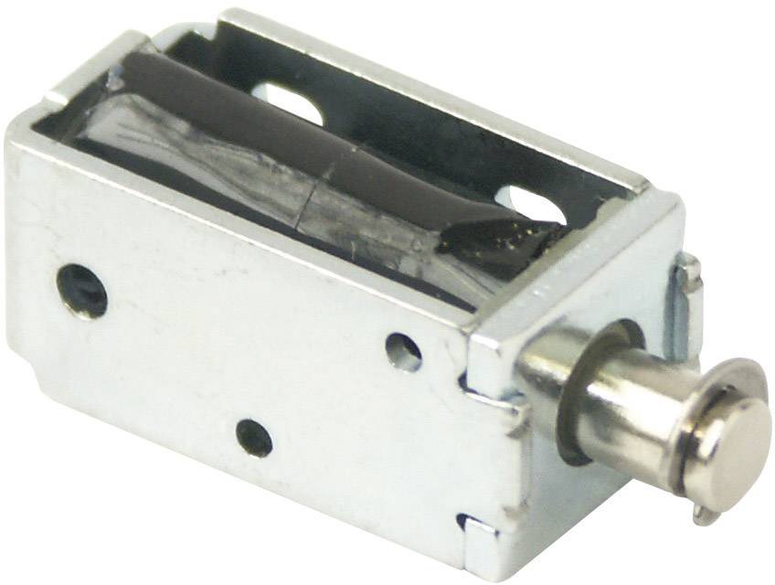 A small, rectangular electromagnet with a visible metal casing and protruding plunger, typically used for mechanical applications.