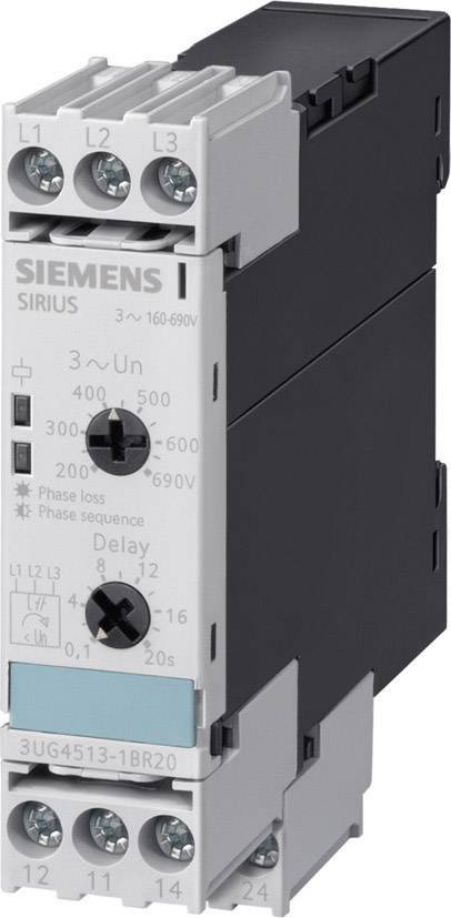 The image depicts an electrical monitoring relay by Siemens. It features rotary knobs for adjusting phase sequence and delay.