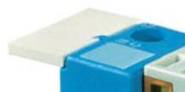 Compact, blue circuit breaker with open flap against a white background.