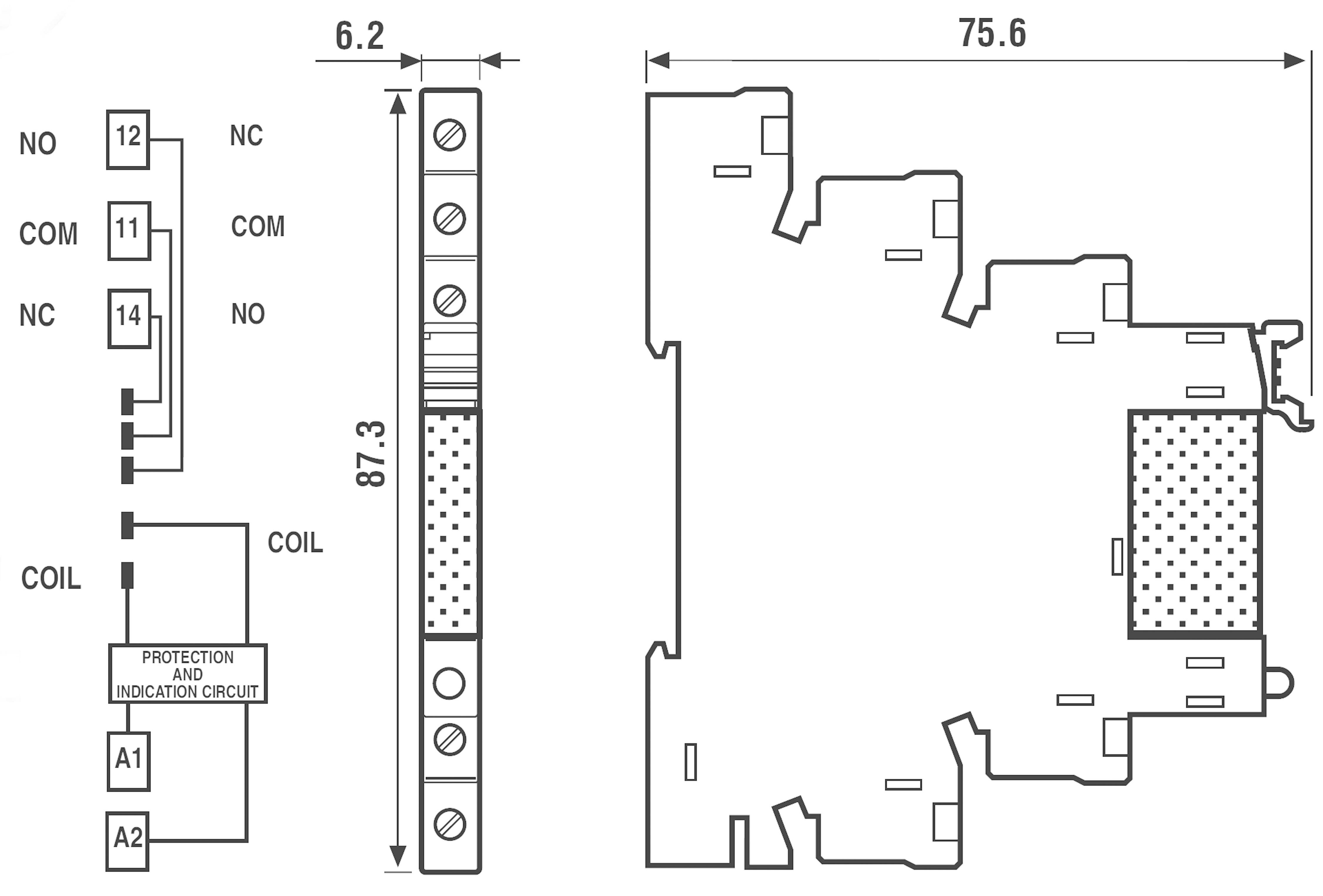 Technical drawing of an electrical circuit diagram with dimensions. Left: Circuit with contacts, coil, and labelling. Right: Mounting surface with measurements.