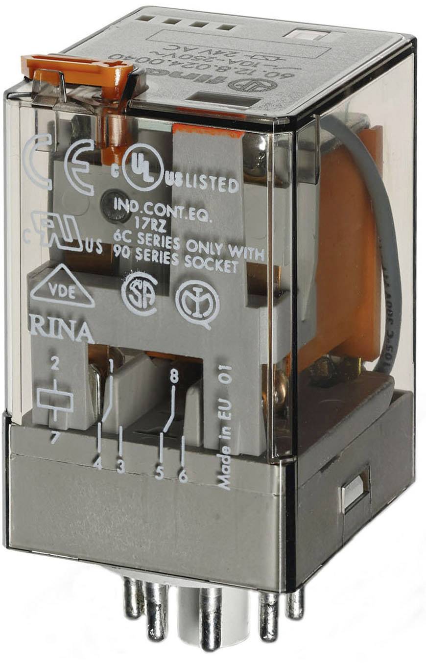 A transparent relay with silver terminals and an orange mechanism, displaying multiple certification logos.
