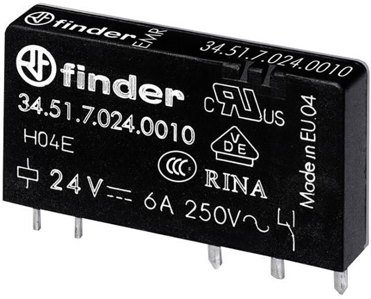 Finder relay with model number 34.51.7.024.0010. Specifications: 24V, 6A, 250V. Manufactured in the EU. Displays certification logos.