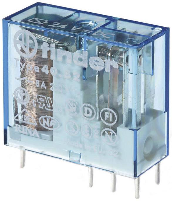 A blue, transparent relay by Finder, Type 40.52, reveals its internal components. It has four silver connection pins.