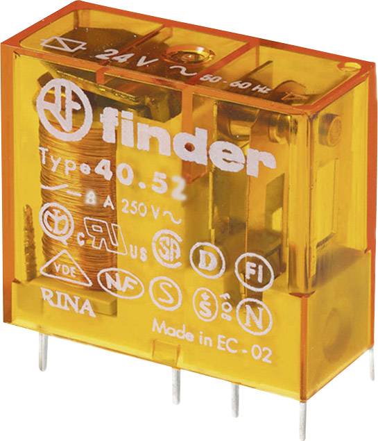 An orange Finder relay Type 40.52 with multiple international quality seals and technical specifications on the surface.
