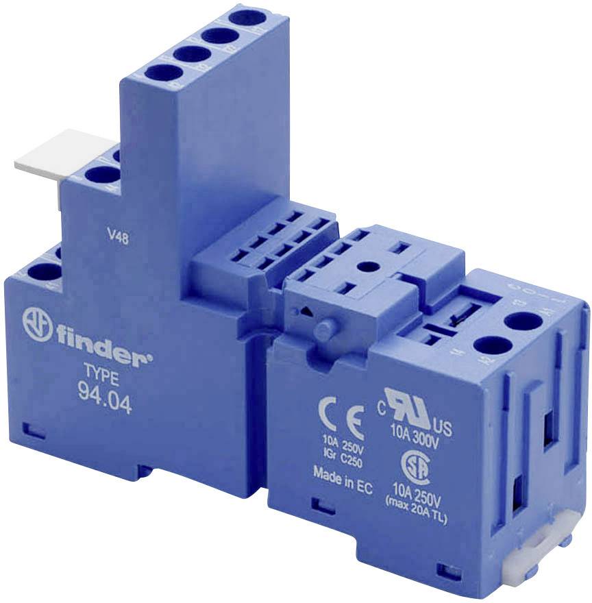 Blue Finder relay base, type 94.04, suitable for 10A/300V, connection and wiring points visible, European manufacture.