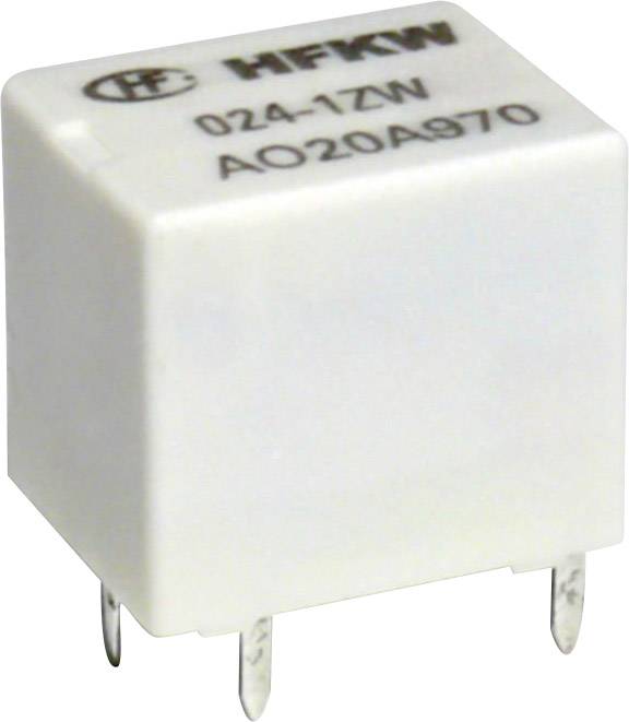A white electronic relay with three metal terminals, printed with 'HFKW', '024-1ZN' and 'AO20A970', is standing on its side.
