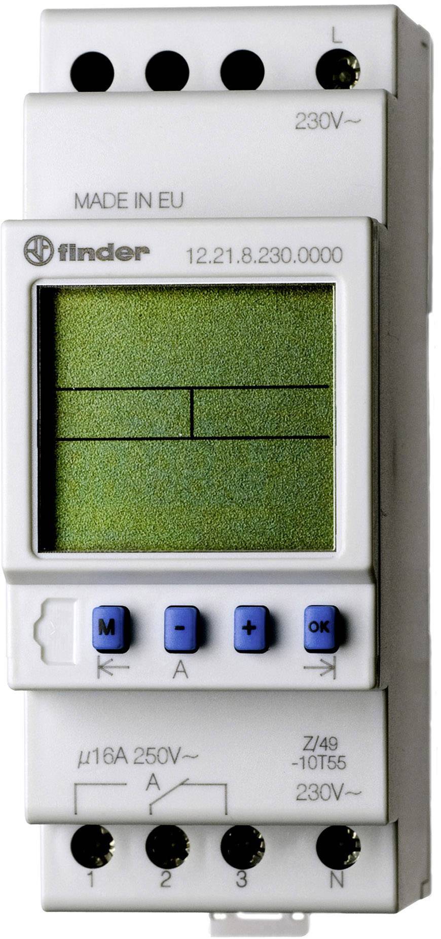 Digital time switch by Finder with display and buttons. Shows current switching programmes. Suitable for 230V systems.