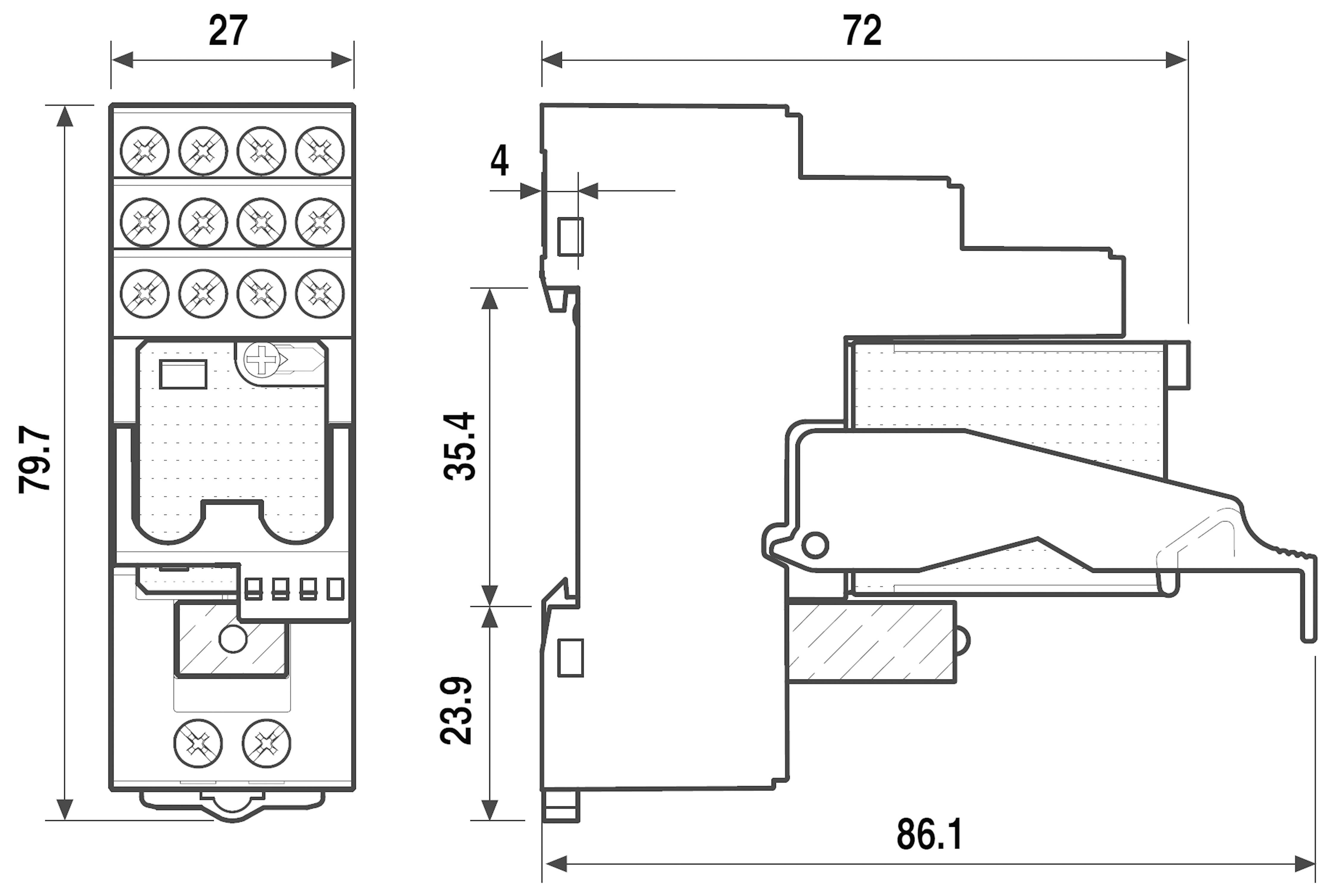Technical drawing of an electrical component with dimensions: Height 79.7 mm, Width 27 mm, Depth 86.1 mm.