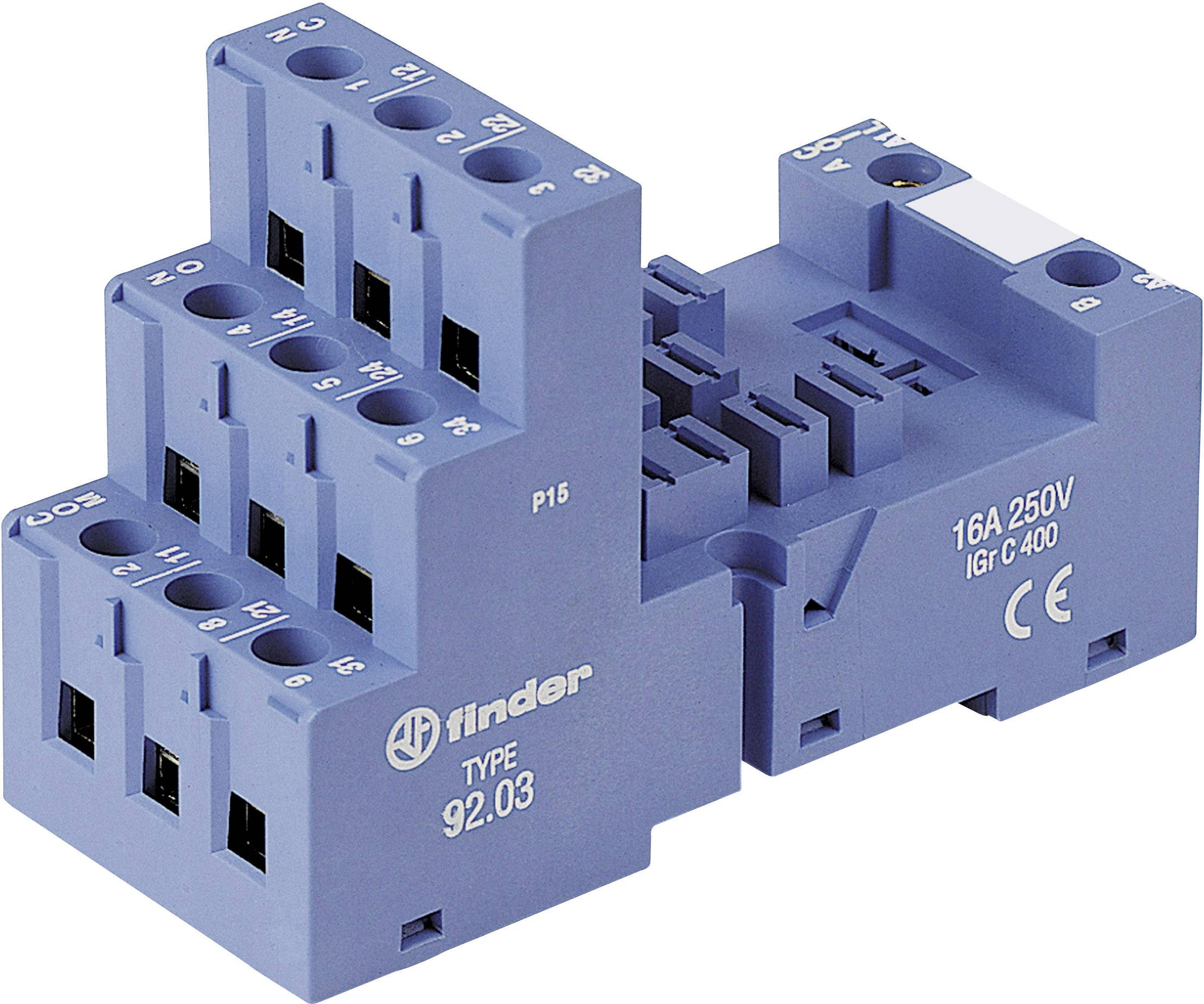 Blue Finder relay base, type 92.03, rated for 16A, 250V, with side CE marking. Primarily for industrial applications.
