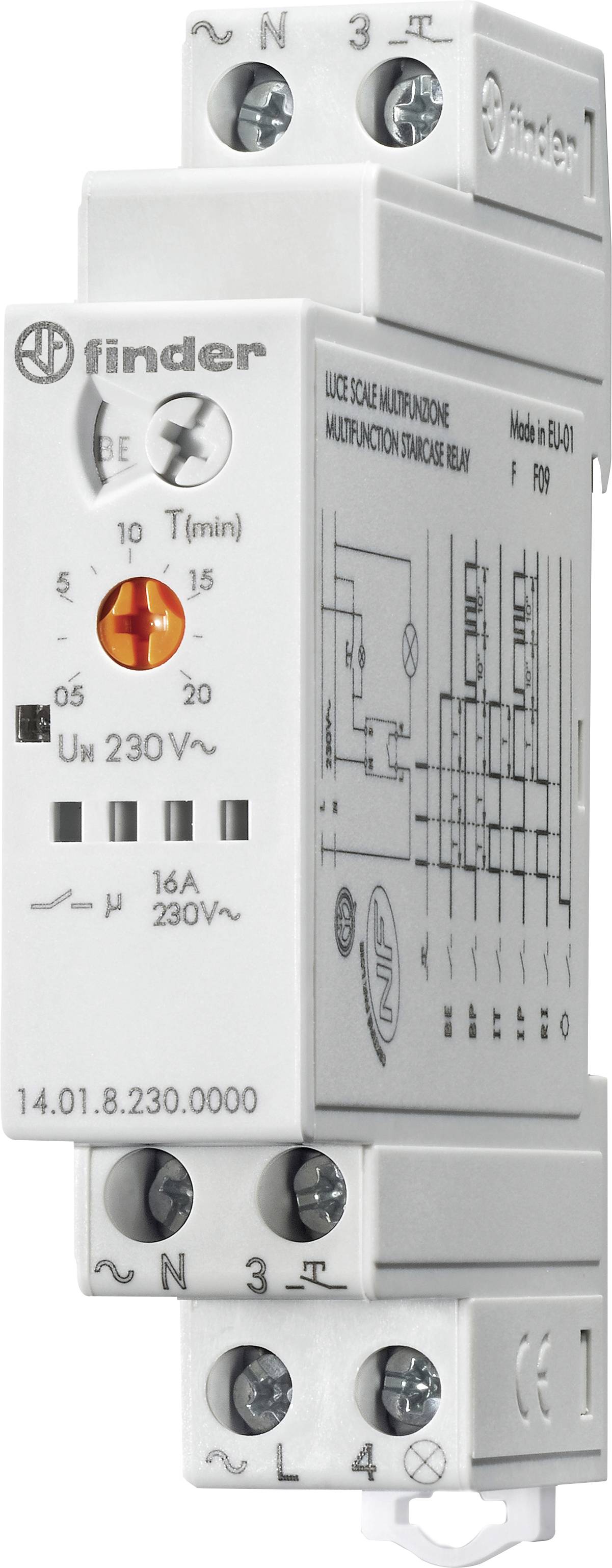 A time relay by Finder with adjustable time in minutes, 230 V, 16 A, for mounting in a control cabinet.