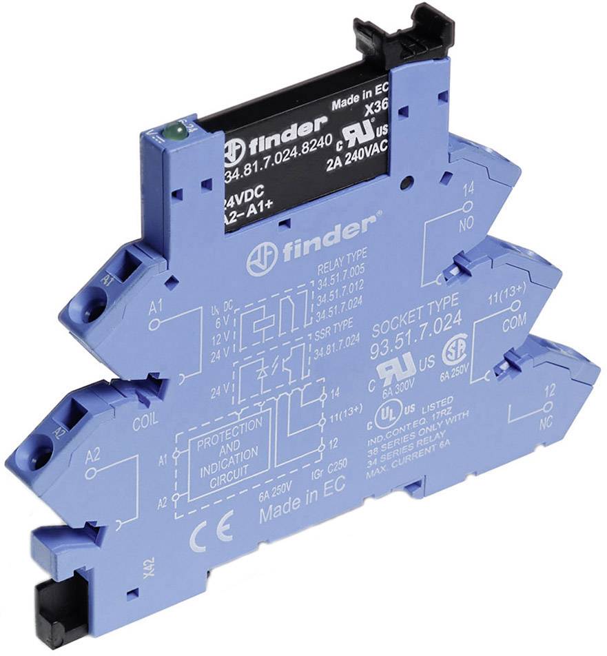 Blue finder relay, Type 93.51.7.024, with technical markings and specifications, suitable for electrical socket mounting.