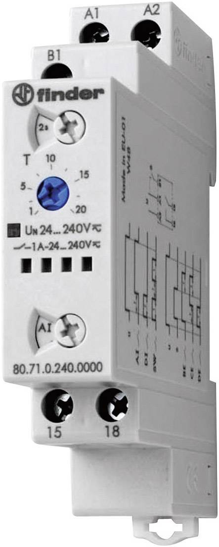 Electronic multi-function time relay with rotary switch for setting time intervals. Suitable for DIN rail mounting.