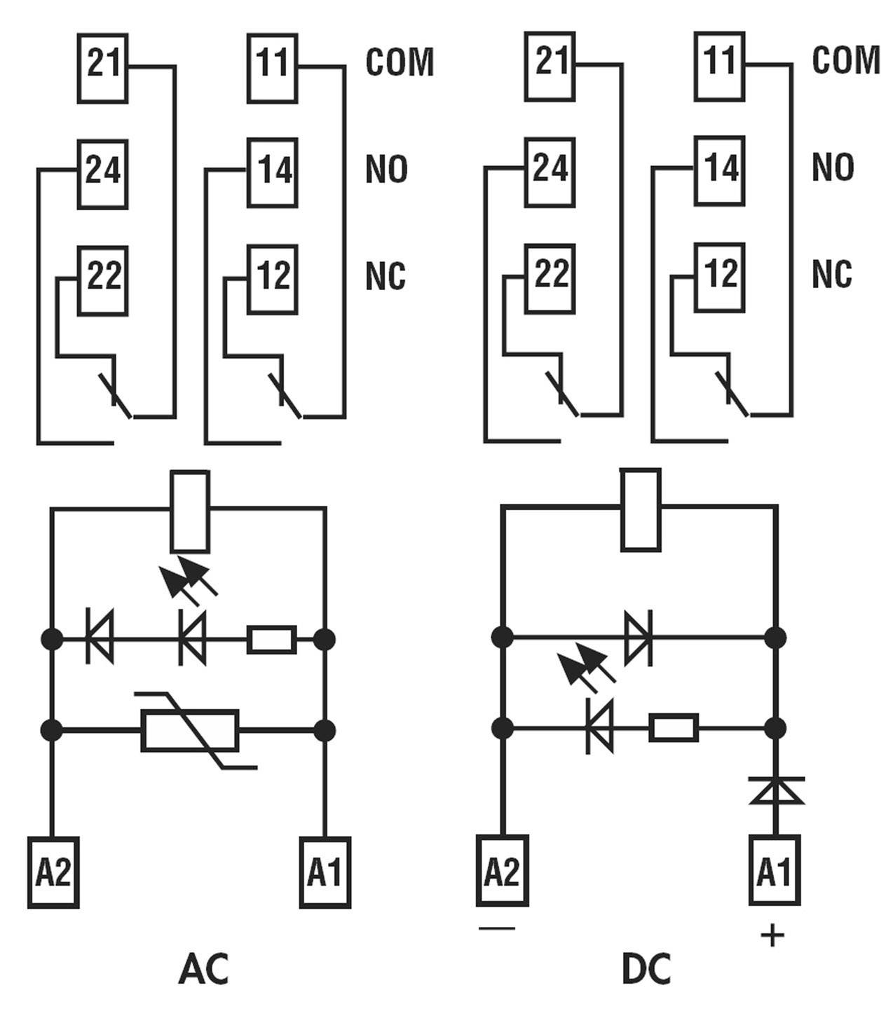 Electrical Circuit Diagrams: on the left for alternating current (AC) with inductor and switches; on the right for direct current (DC), showing diodes and resistors.