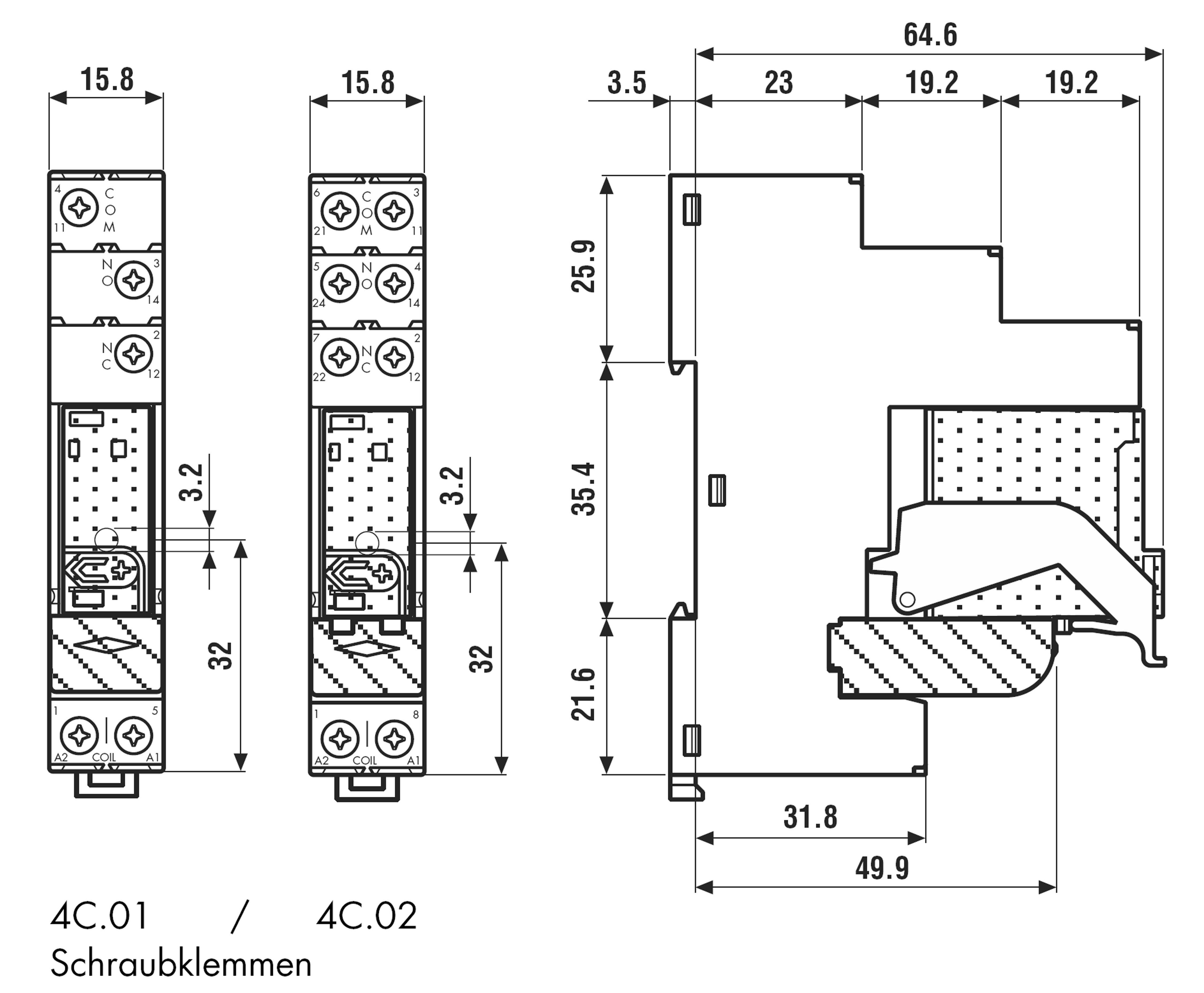 Technical drawing of screw clamps 4C.01/4C.02 with detailed dimensions.