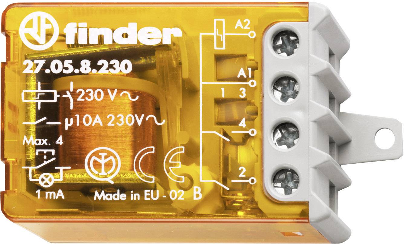 Relay with transparent cover; inscription '230 V, 10 A'. Four terminals on the right, labelling provides information about voltage and current.