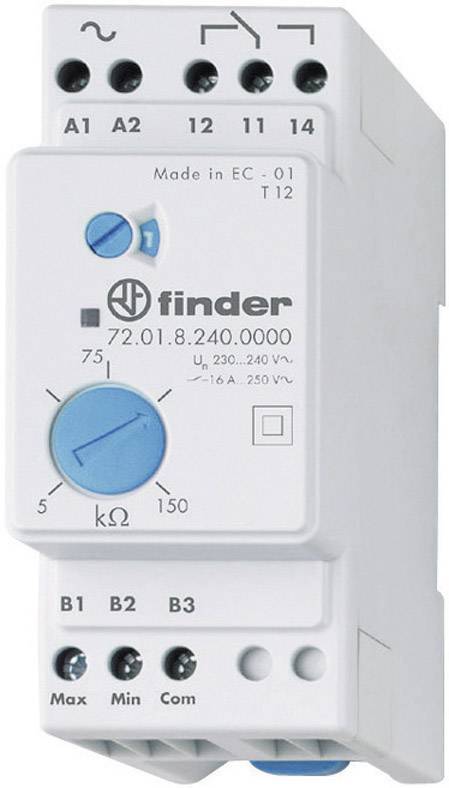 Electrical time relay with setting buttons and labelled terminals. Text 'finder 72.01.8.240.0000' visible.