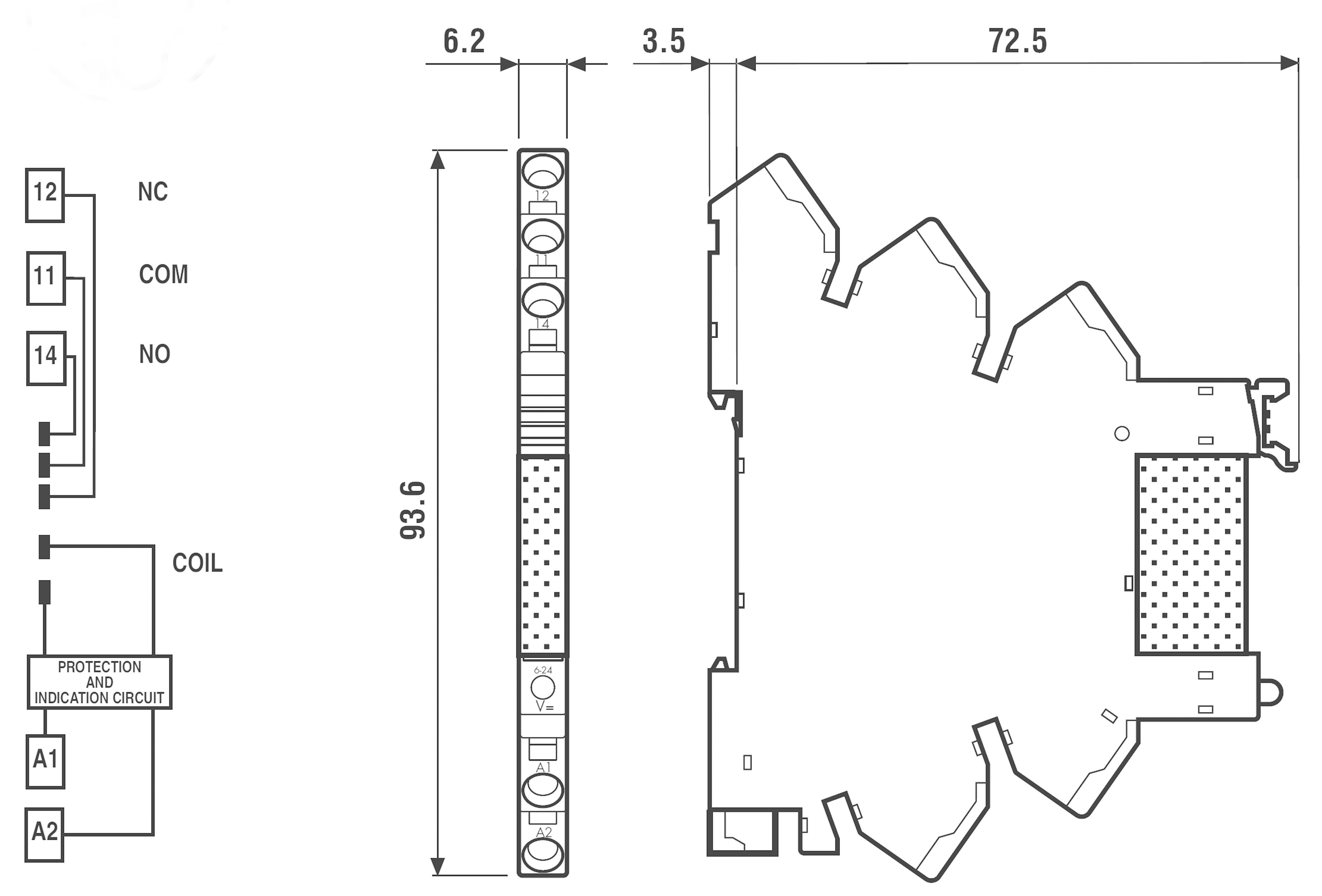 Circuit diagram and side view of a relay module with dimensions: 93.6 mm height, 6.2 mm width. Terminal connections: NC, COM, NO, COIL.