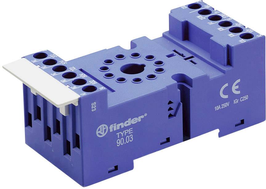 Blue socket holder for relay, type 90.03, with eight connection points and CE marking, suitable for 10A and 250V.