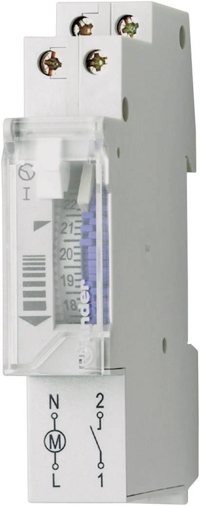 Electric time switch with transparent casing, time setting scale and connection terminals visible on top.