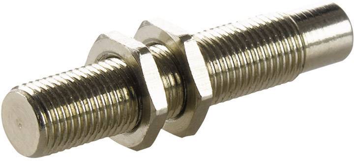 Metal screw with two nuts positioned on a lathe, cylindrical form, metal structure visible, suitable for mechanical applications.