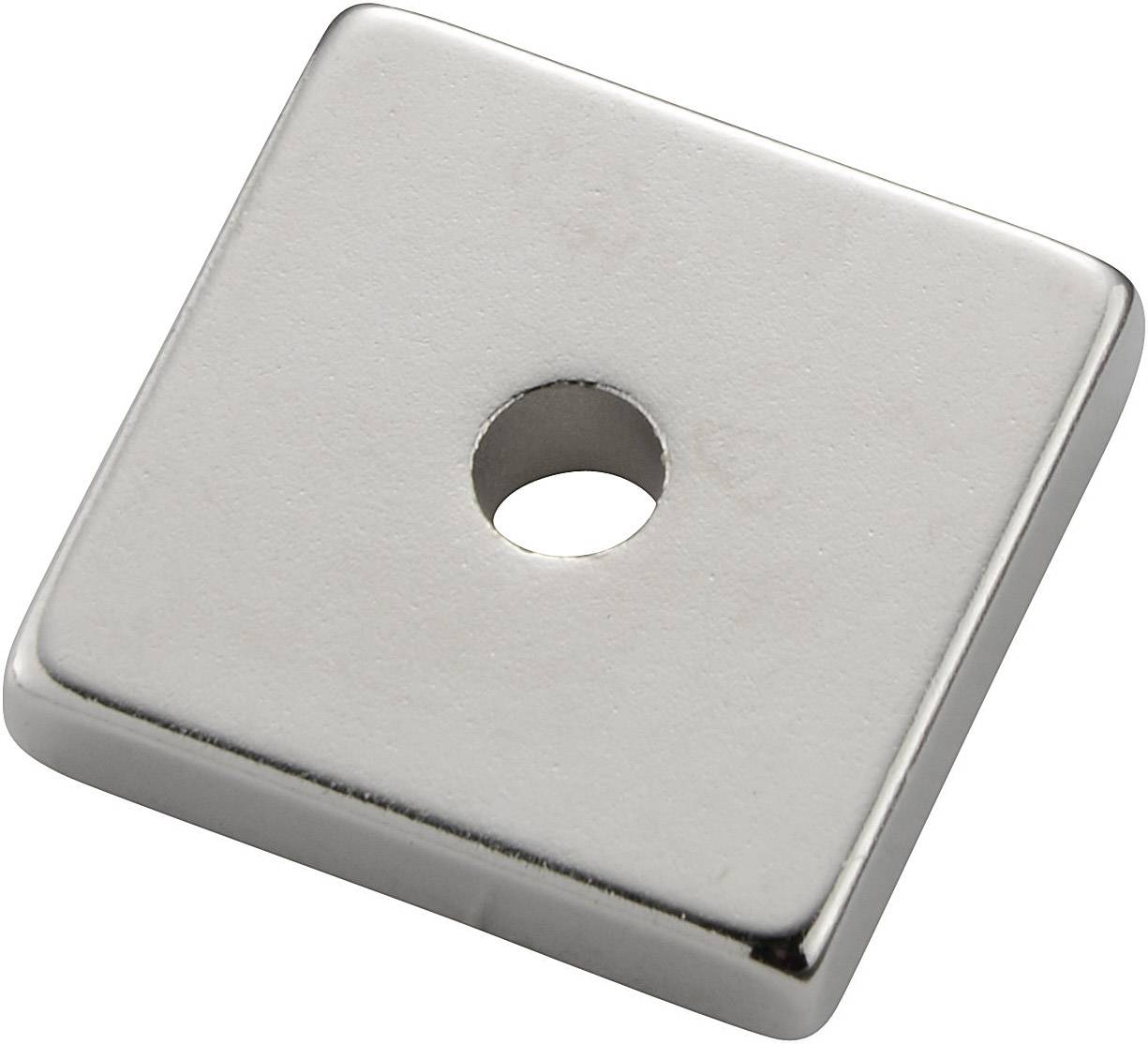 Square magnet with a central hole, smooth and made of silvery metal.