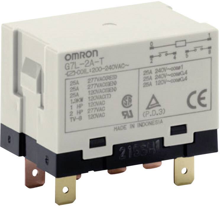 Omron electrical relay with the marking 'G7L-2A-T', suitable for 120-240VAC, manufactured in Indonesia.