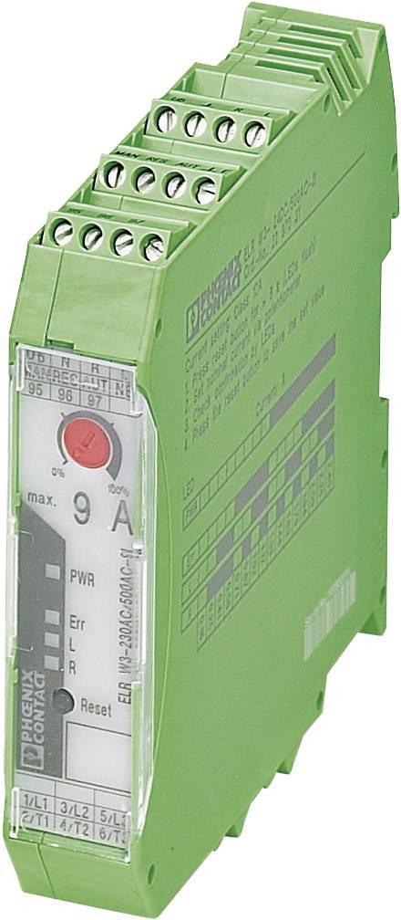 Green electronic device by Phoenix Contact, 9A, with multiple connection terminals at the top, indicator lights, and a reset button.