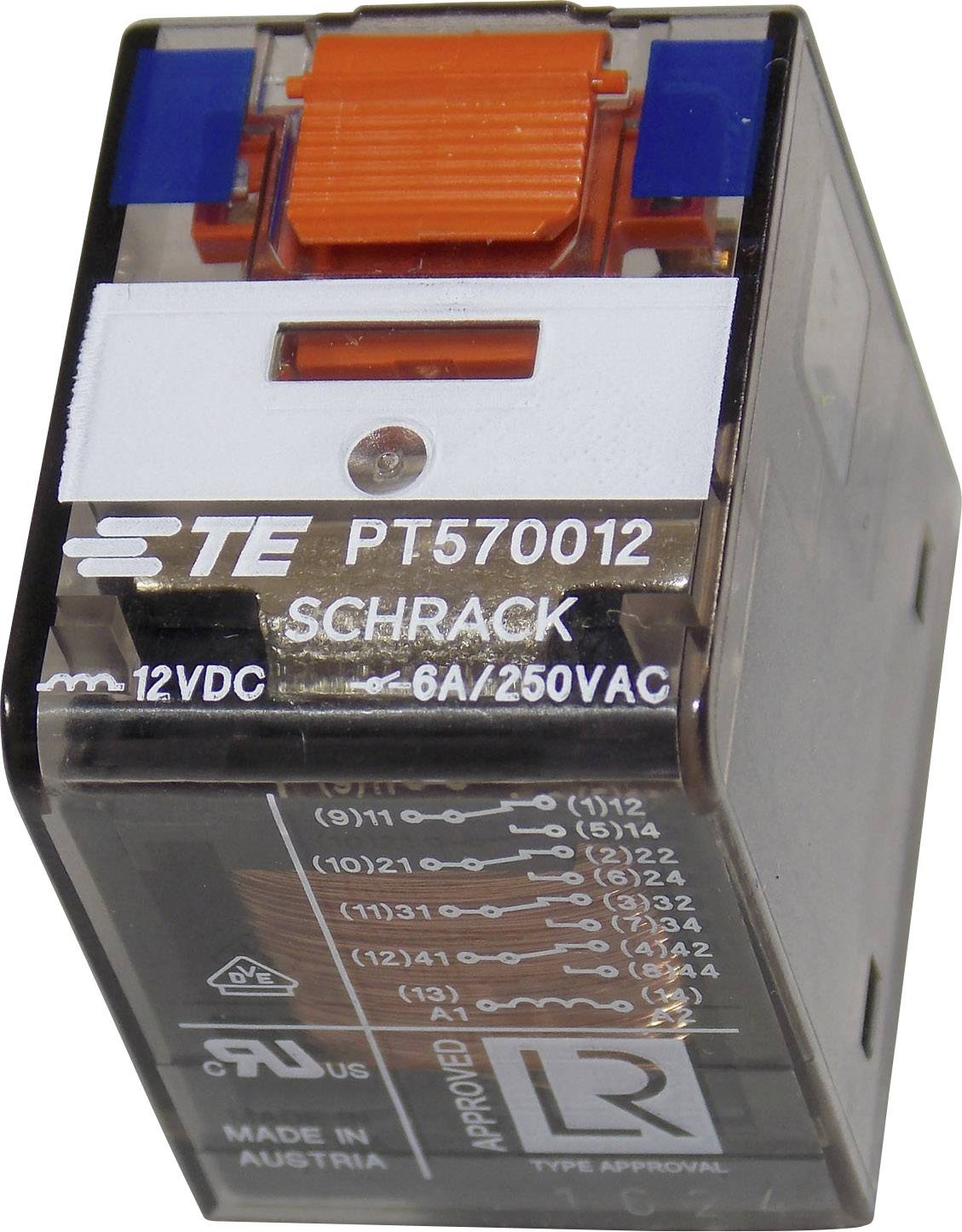 An electrical relay with a transparent casing reveals its internal mechanisms. Printed markings indicate technical specifications and manufacturer details.