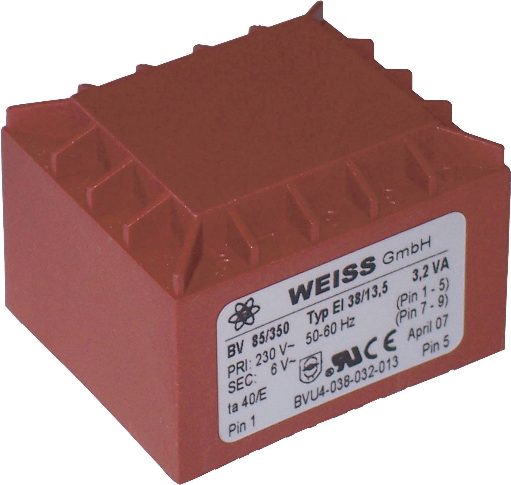 A red transformer with label. Details: 'WEISS Ltd.', type 'EI 38/13.5', primary voltage '85/350', secondary voltage '6 V'.