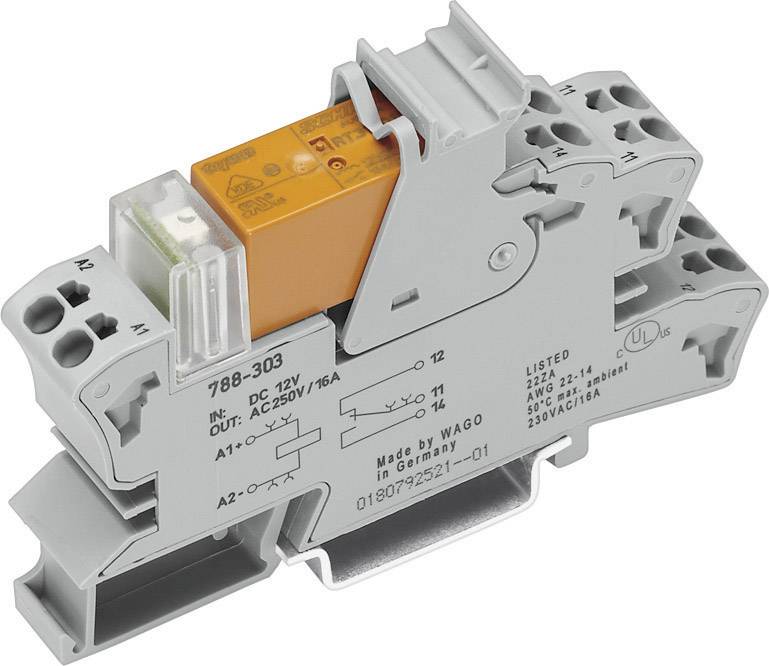 A grey relay module with an orange insert, labelled '788-303', features electrical connection terminals for various voltages.