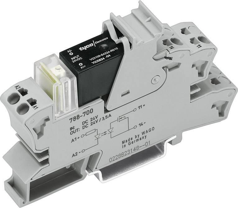 A grey relay for DIN rail mounting with labelling and terminal blocks, used for control in electrical control cabinets.
